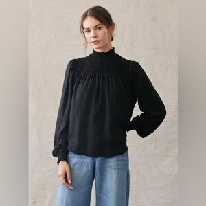 NWT Bella Dahl Estela Smocked Blouse Mock Neck Button Back Black Top size XS